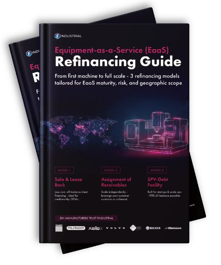 Equipment-as-a-Service financing guide cover showing EaaS refinancing models including sale and lease back, receivables assignment, and SPV debt facility