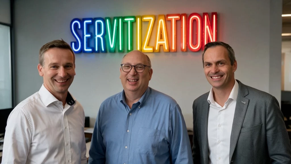 Vertreter von Findustrial und Avenue Managed Services vor einem Servitization-Neonschriftzug anlässlich ihrer Partnerschaft für Equipment-as-a-Service im US-Markt
